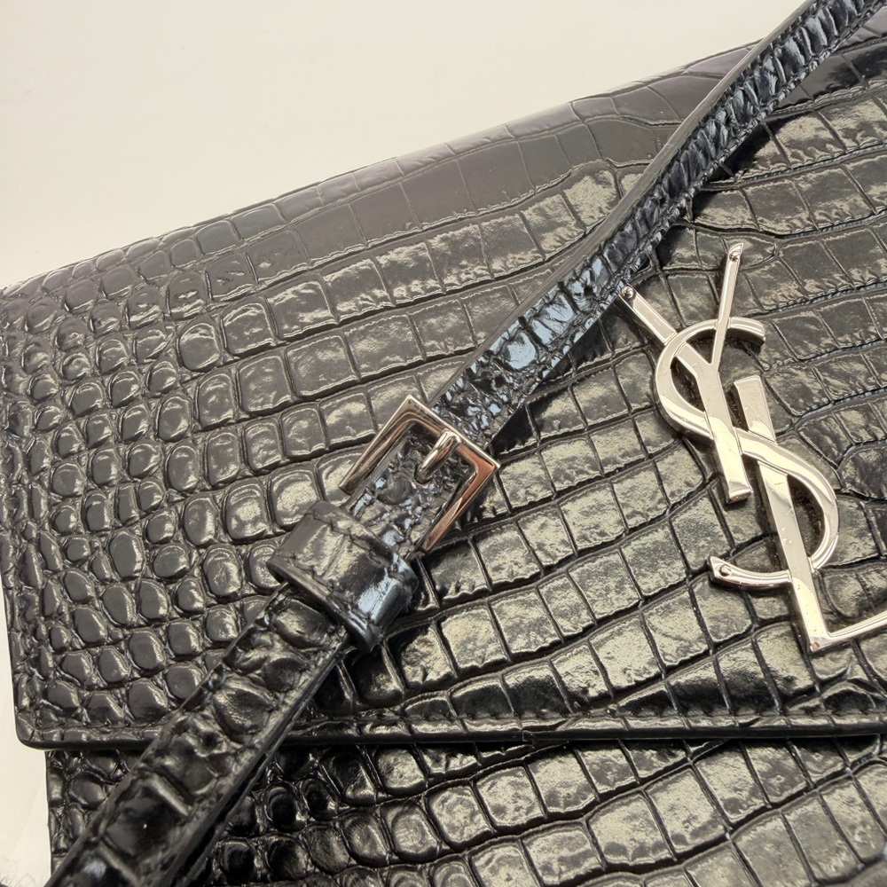 Saint Laurent Cassandra Black Croc-Embossed Envelope Wallet Crossbody Bag - Picture 7 of 15